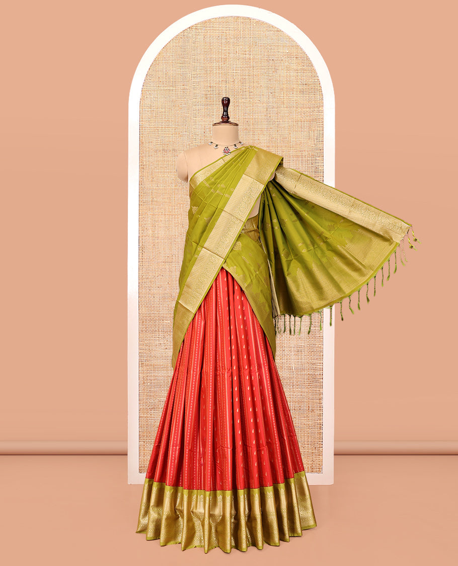 Red Art Silk Half-Saree Pavadai Material Features a Zari-Design Skirt, a Contrast Traditional Border, Contrast Blouse, and Intricate Dhavani