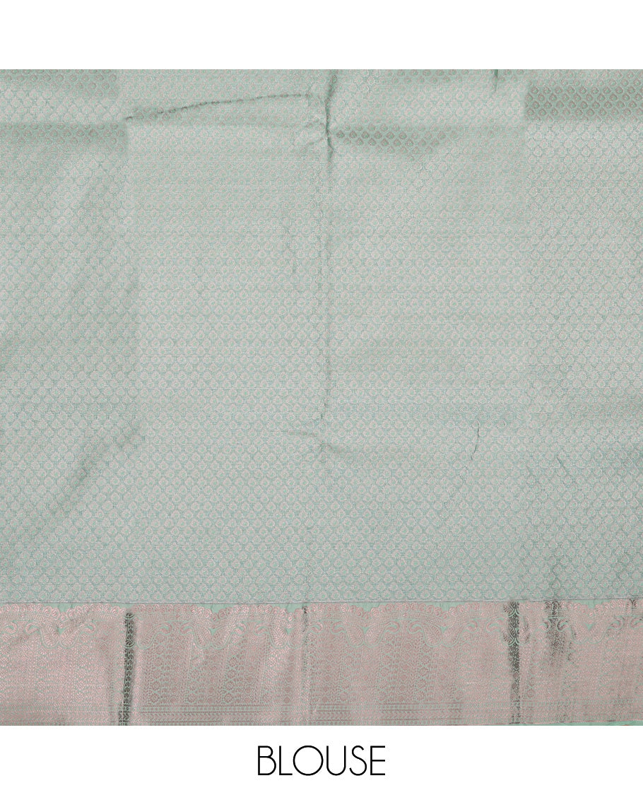 Green art silk pavadai set, floral jaal jacquard with traditional zari bordered skirt and a matching blouse