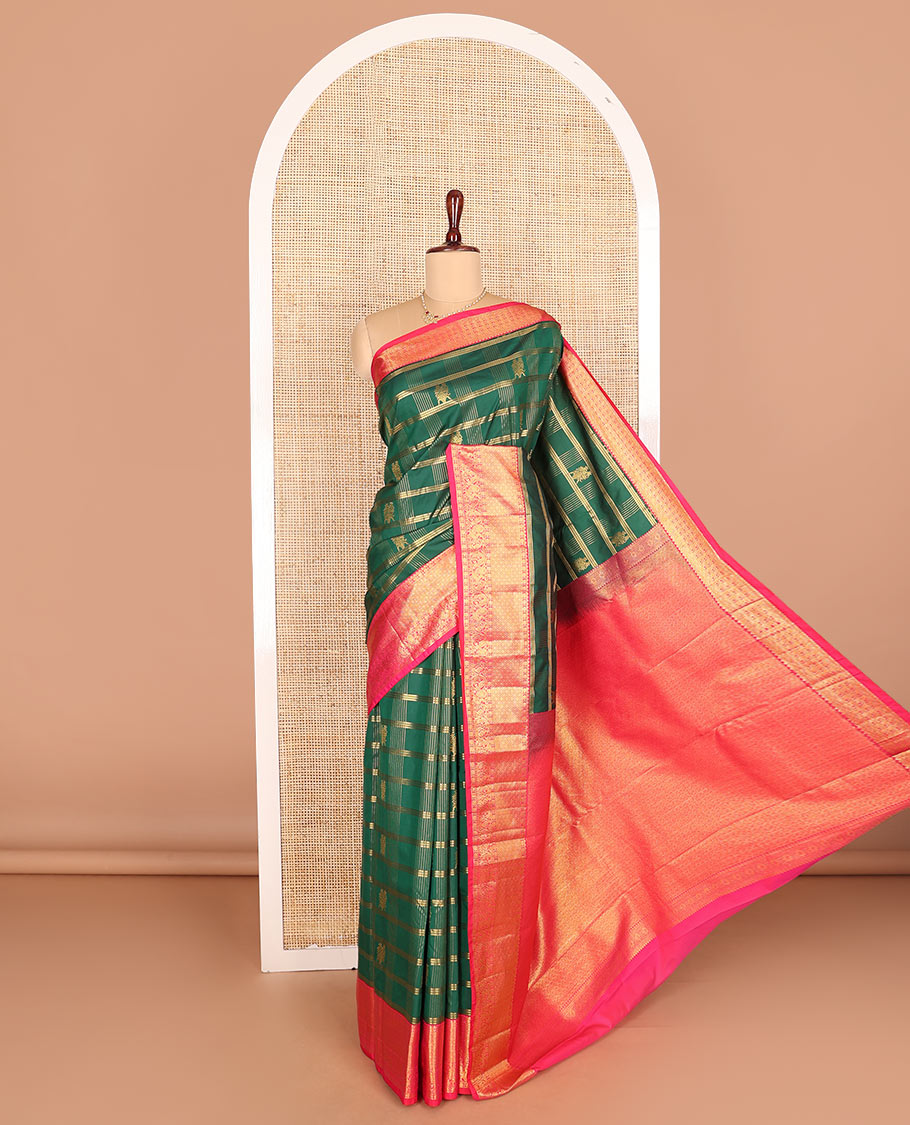 Green zari buttas, and checked budget silk saree, contrast traditional zari border, and zari-rich jaal pallu