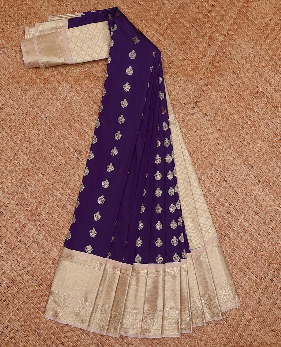 Violet zari buttas gift saree, contrast traditional zari design border, and jaal pallu