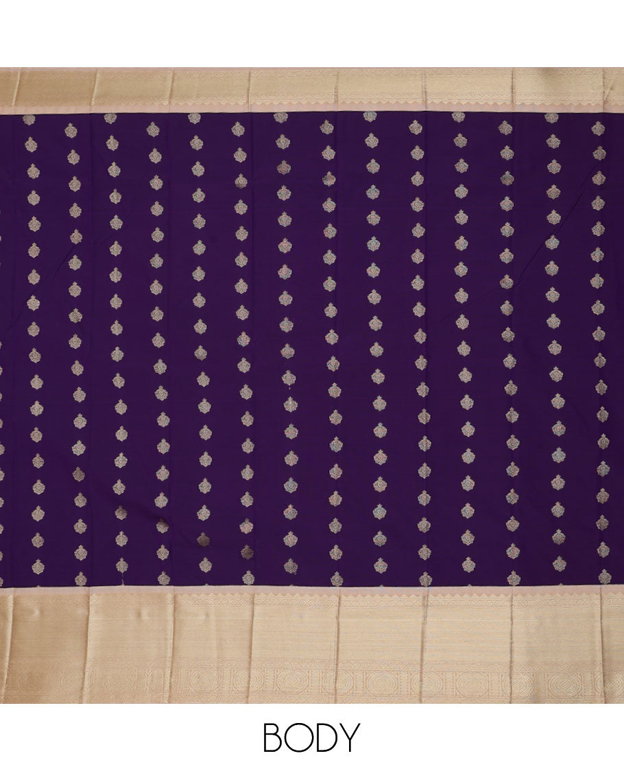 Violet zari buttas gift saree, contrast traditional zari design border, and jaal pallu