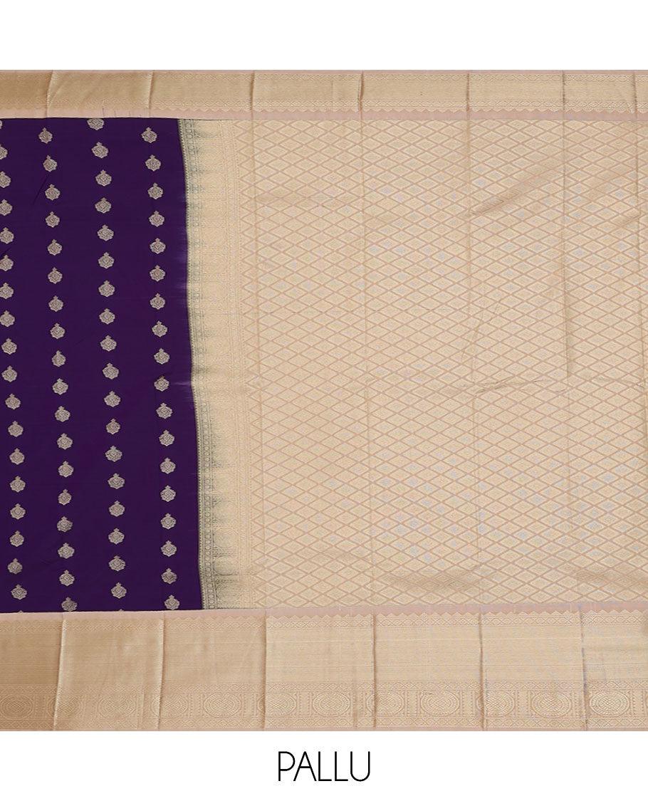 Violet zari buttas gift saree, contrast traditional zari design border, and jaal pallu