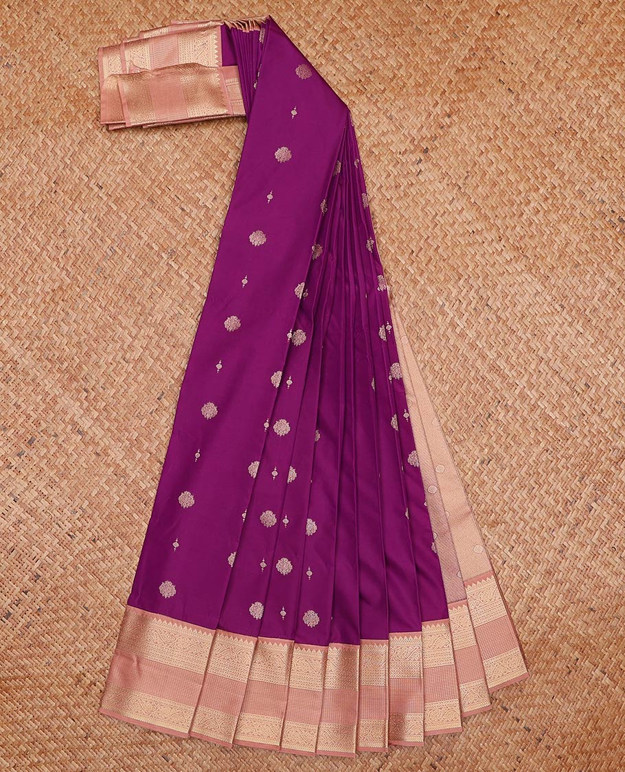 Purple zari buttas gift saree, contrast traditional zari design woven border, and zari design pallu