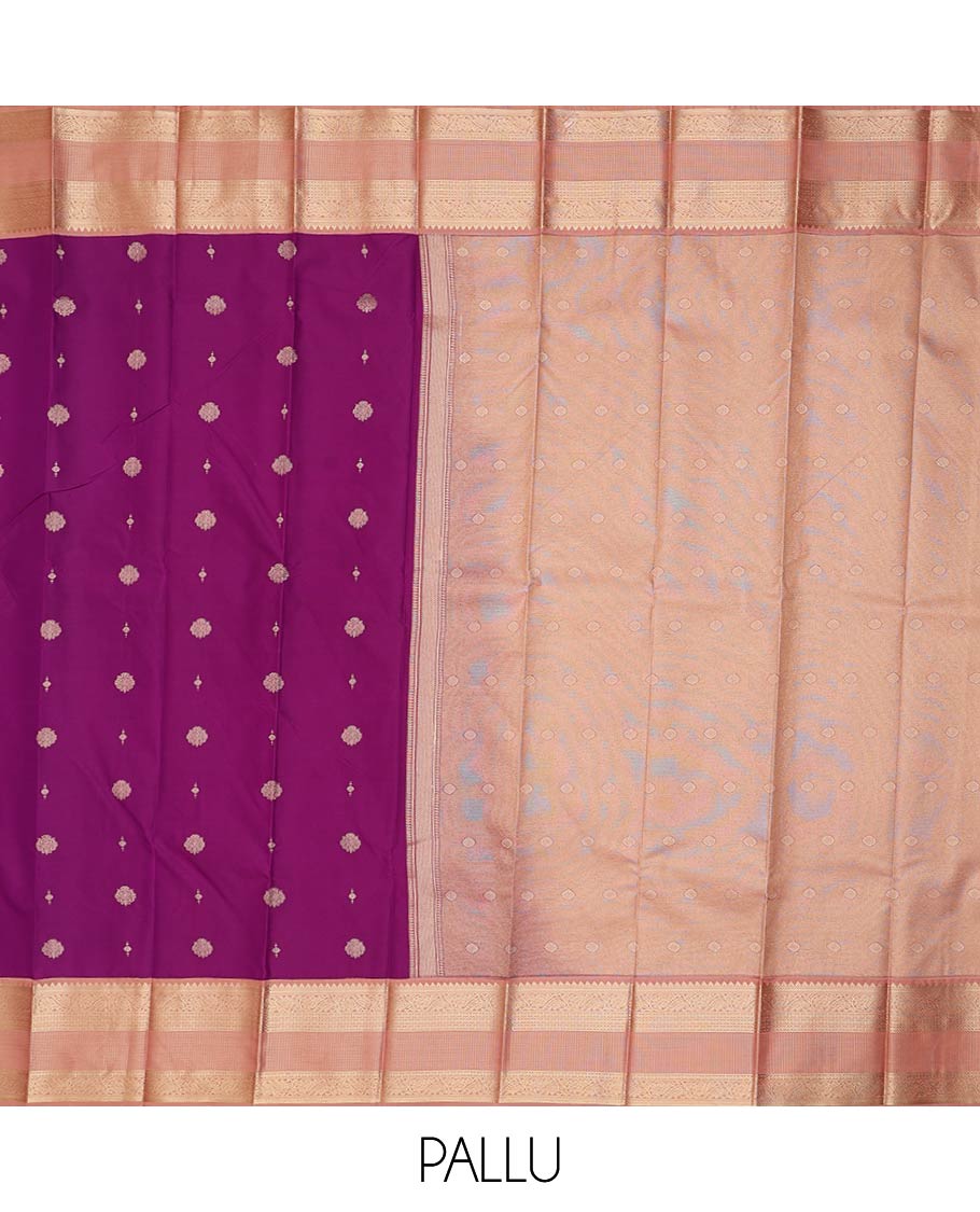 Purple zari buttas gift saree, contrast traditional zari design woven border, and zari design pallu
