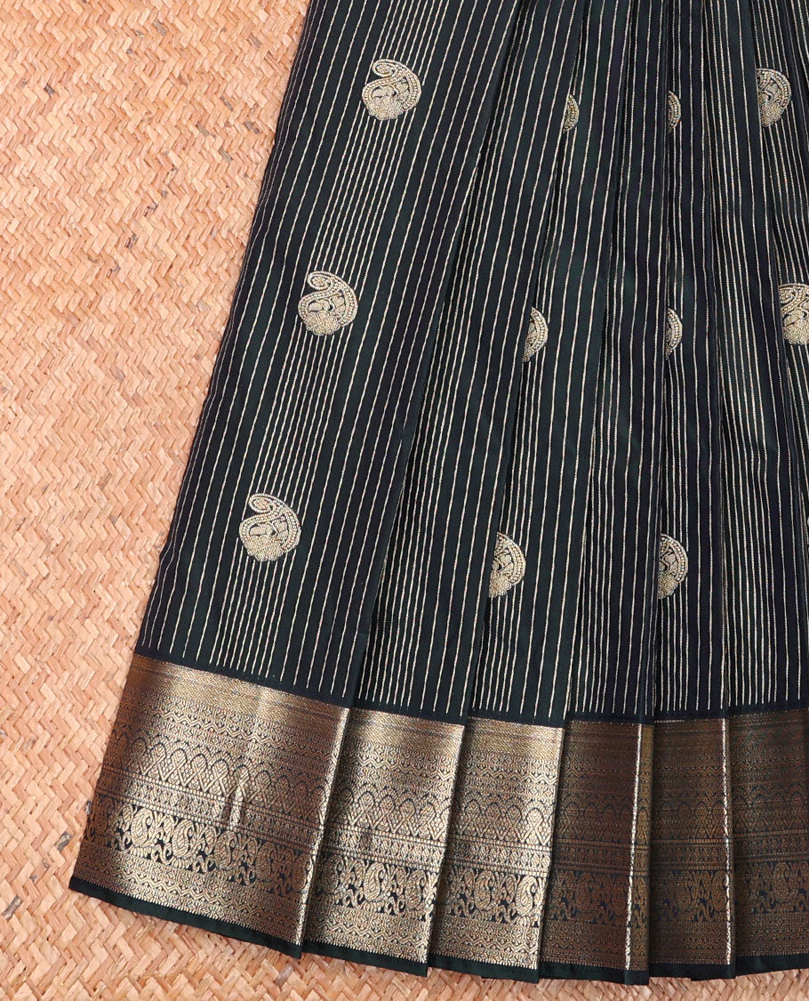 Black Budget Silk Saree Adorned with Zari Stripes and Paisley Buttas, Highlighted with a Traditional Zari Border, Zari Elevated Jaal Pallu, and Paired with a Matching Blouse