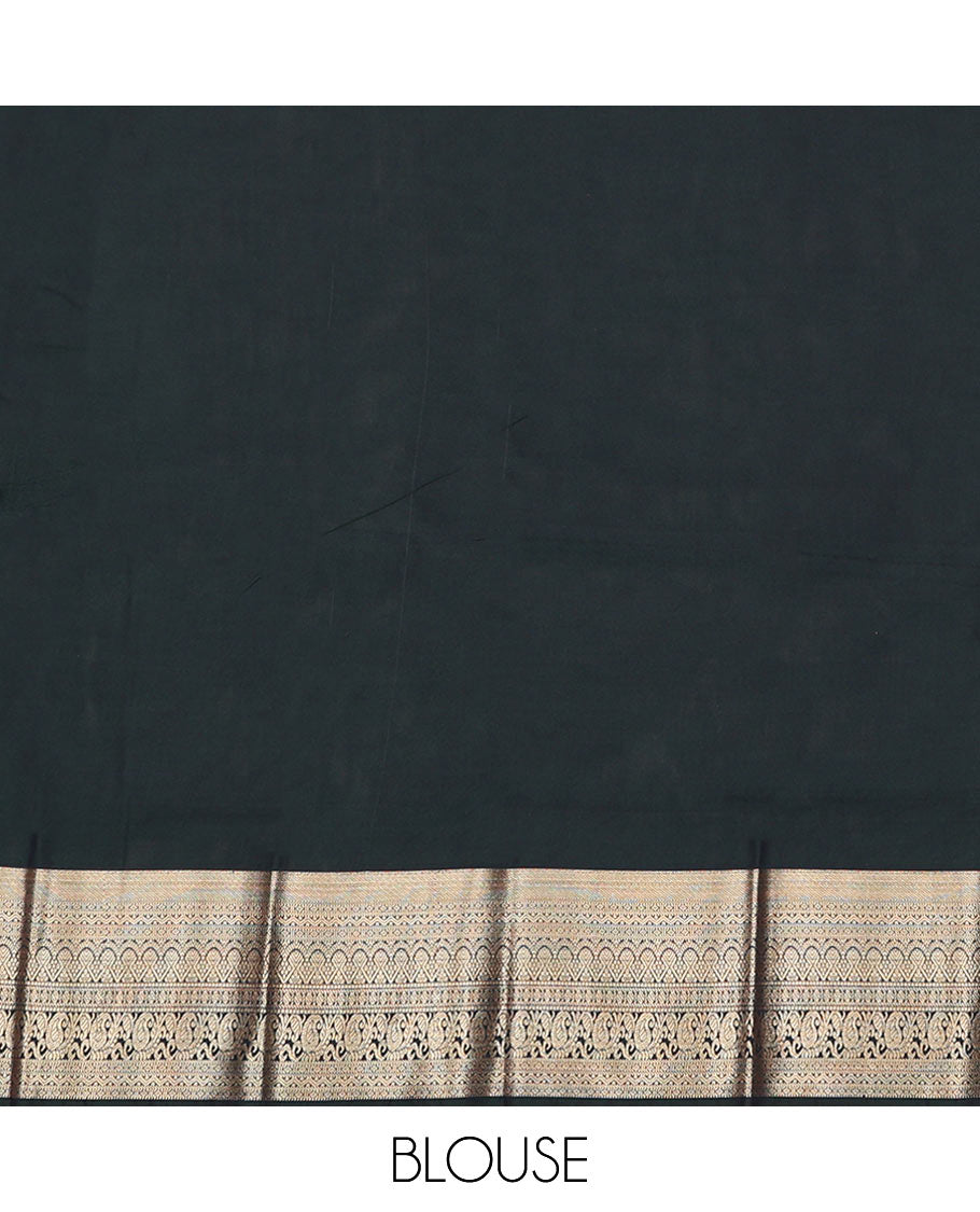 Black Budget Silk Saree Adorned with Zari Stripes and Paisley Buttas, Highlighted with a Traditional Zari Border, Zari Elevated Jaal Pallu, and Paired with a Matching Blouse