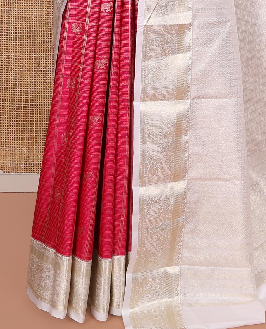 Pink Budget Silk Saree, Adorned with Peacock and Elephant Motif Enclosed Checks, Complemented by a Contrast Traditional Zari Designs Woven Border, Pallu of Jaal Designs, and Paired with a Contrast Blouse