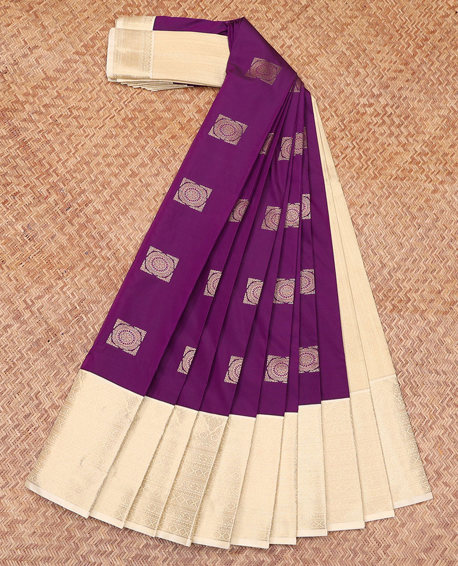Purple Budget Silk Saree, Subtly Sparkled with Square-Buttas All Over Its Body, Complemented by a Contrast Traditional Zari Design Border, Sparsely Woven Geometric-Patterned Pallu, and Paired with a Contrast Blouse