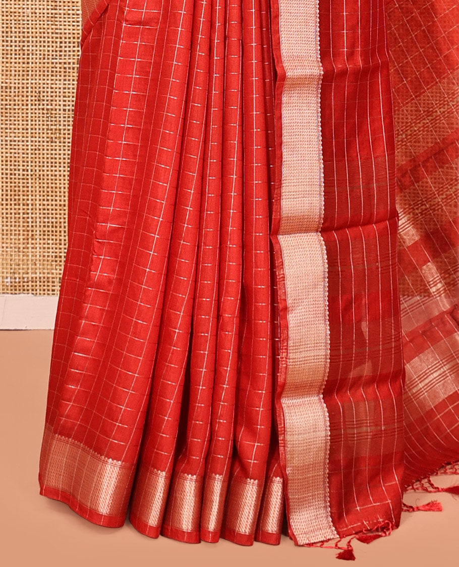 Red Assam Silk Saree, Adorned with Checks, Highlighted by a Traditional Border, a Self-Pallu, and a Matching Blouse