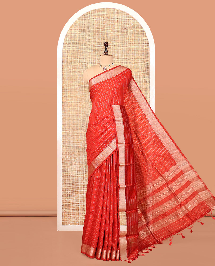 Red Assam Silk Saree, Adorned with Checks, Highlighted by a Traditional Border, a Self-Pallu, and a Matching Blouse
