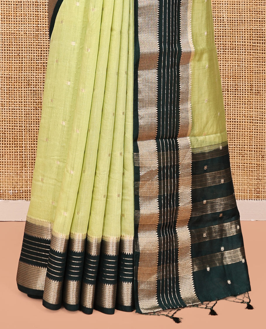 Light Green Assam Silk Saree, Sparsely Sparkled with Zari Buttas, Complemented by a Contrast Traditional Zari Border, Zari Design Pallu, and a Contrast Blouse
