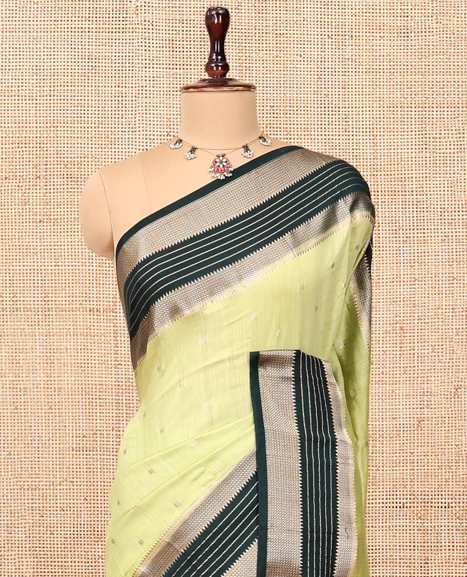 Light Green Assam Silk Saree, Sparsely Sparkled with Zari Buttas, Complemented by a Contrast Traditional Zari Border, Zari Design Pallu, and a Contrast Blouse