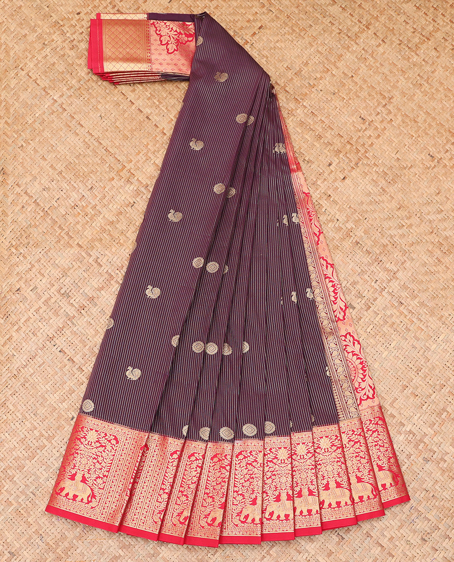 Maroon Budget Silk Saree, Adorned with Peacock-Chakram Buttas and Stripes, a Contrast Elephant Border, Paisleys Pallu, and a Contrast Blouse