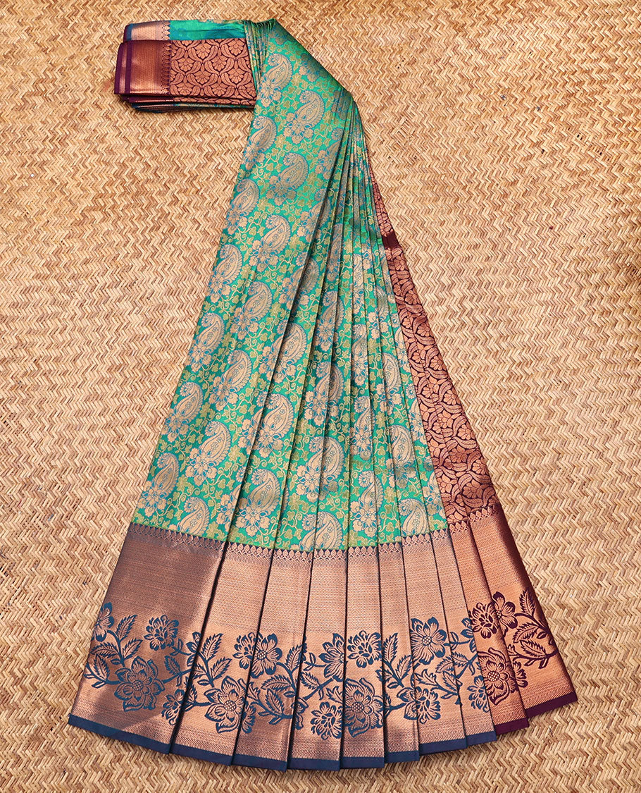 Green Budget Silk Saree, Adorned with Paisley Jacquard, Complemented by Contrast Traditional Zari Border, Intricate Pallu, and a Contrast Blouse