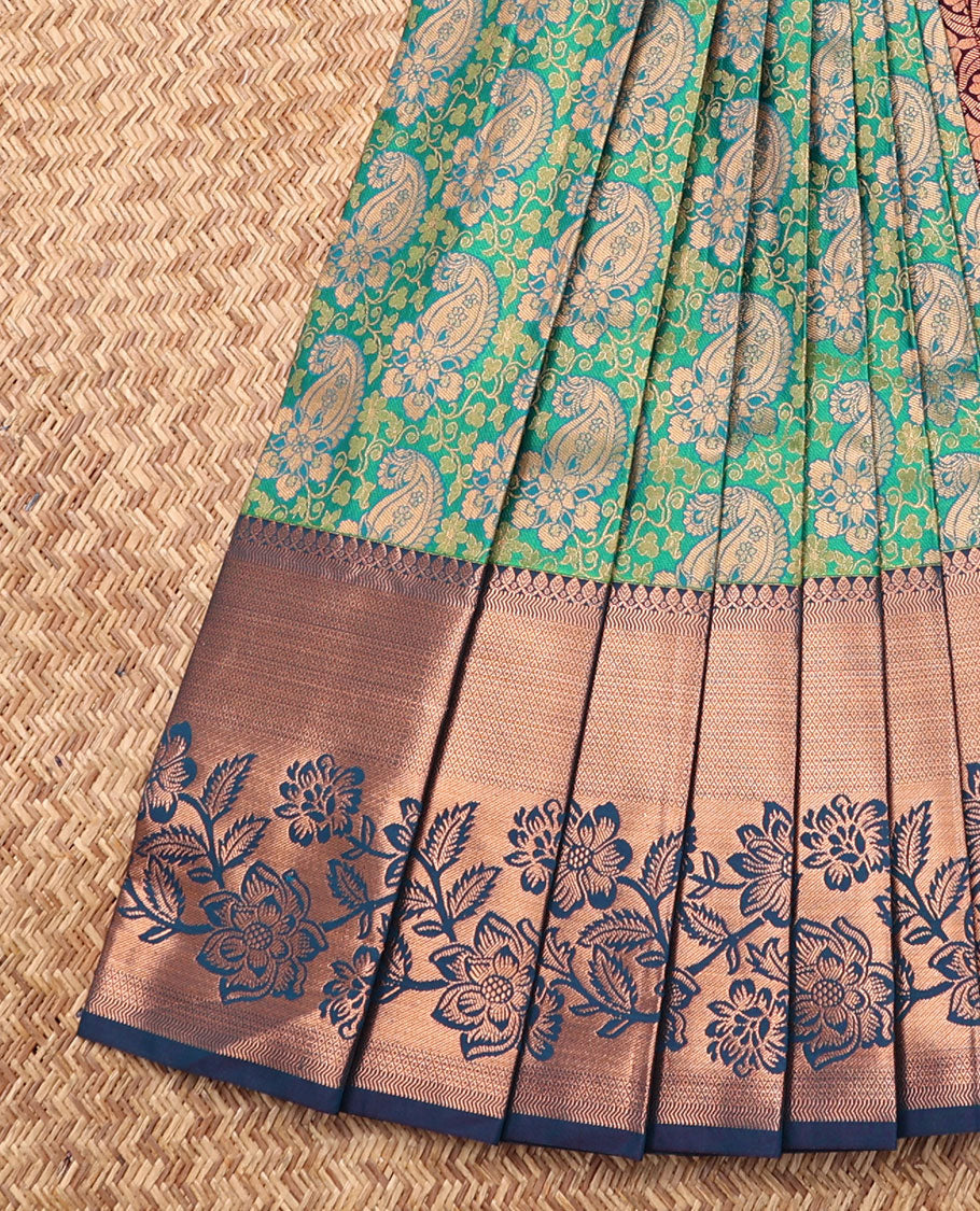 Green Budget Silk Saree, Adorned with Paisley Jacquard, Complemented by Contrast Traditional Zari Border, Intricate Pallu, and a Contrast Blouse