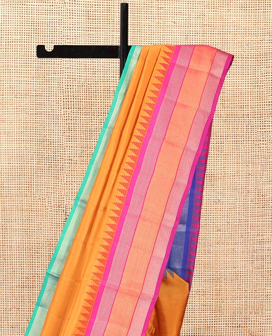 Orange-Striped Bangalore Silk Saree, Complemented by a Contrast Temple Ganga-Jamuna Border, Pallu of Temple and Neli Designs, and a Contrast Blouse