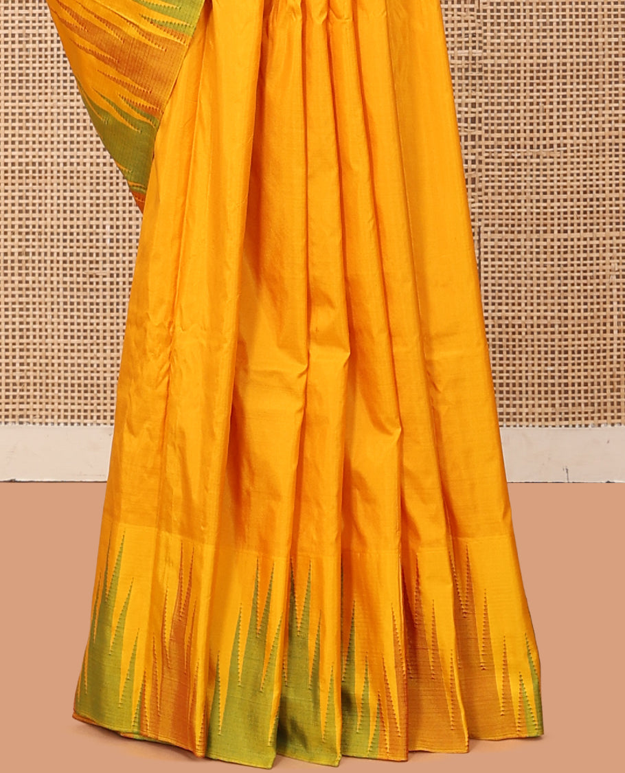 Yellow Plain Bangalore Silk Saree, Complemented by a Contrast Temple Border, Striped Pallu, and a Contrast Blouse