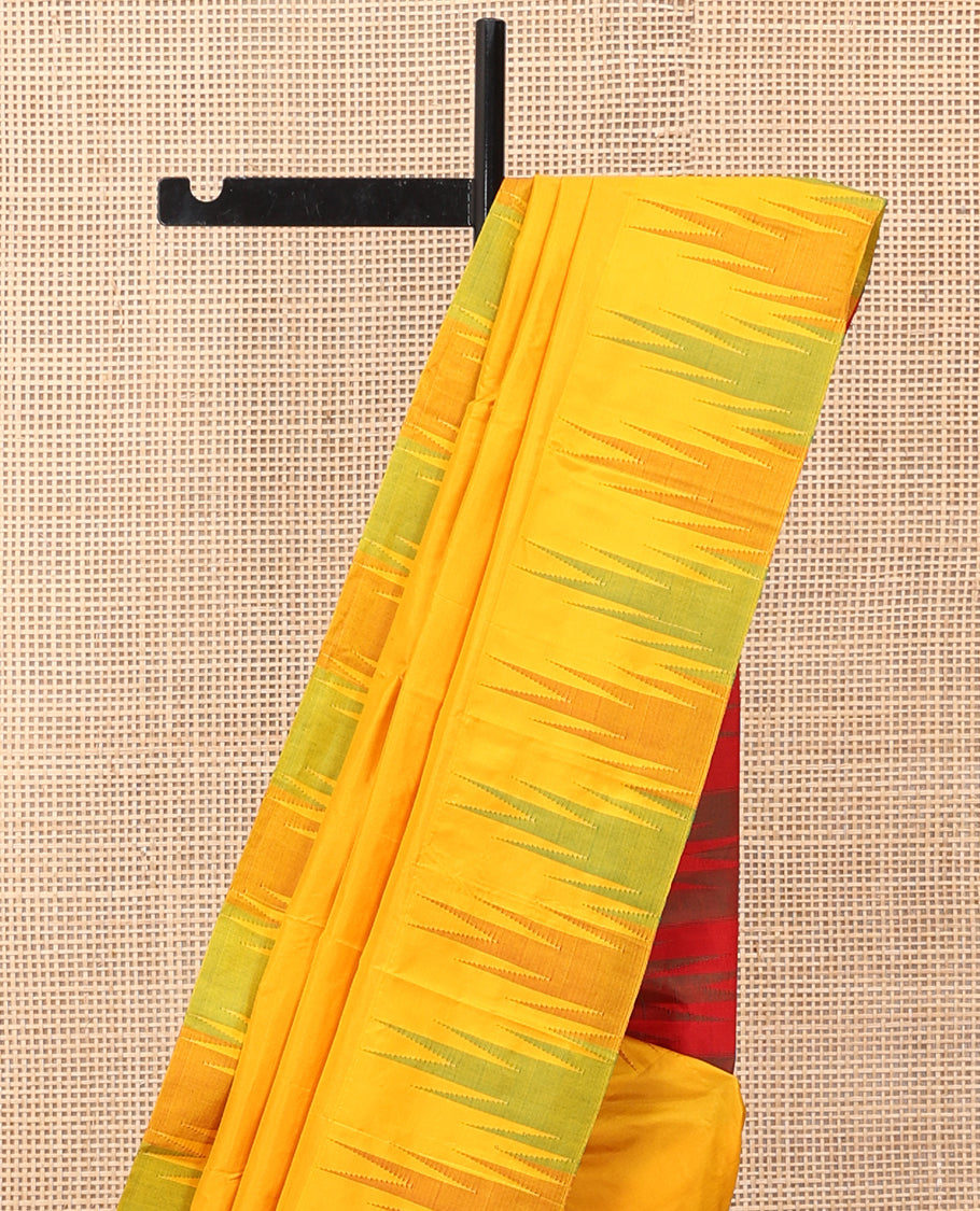 Yellow Plain Bangalore Silk Saree, Complemented by a Contrast Temple Border, Striped Pallu, and a Contrast Blouse