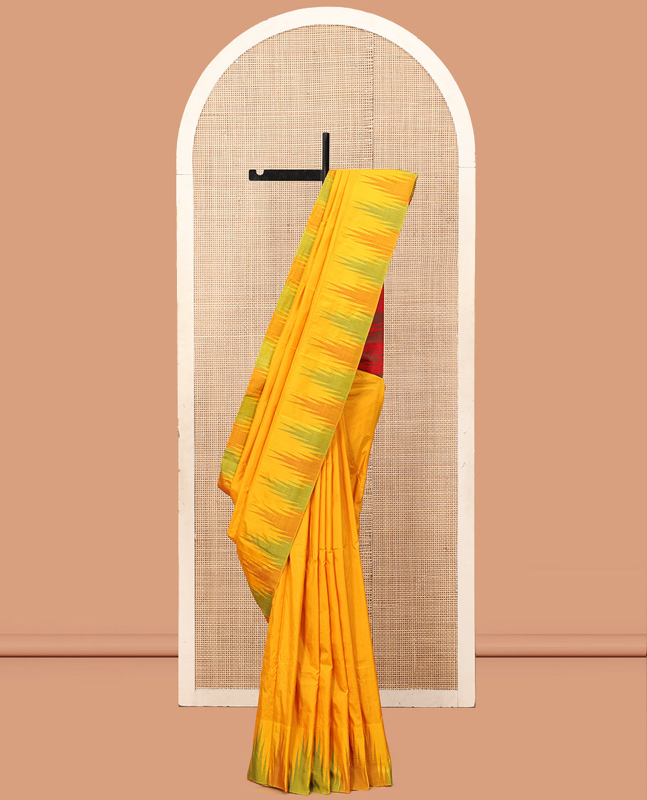 Yellow Plain Bangalore Silk Saree, Complemented by a Contrast Temple Border, Striped Pallu, and a Contrast Blouse