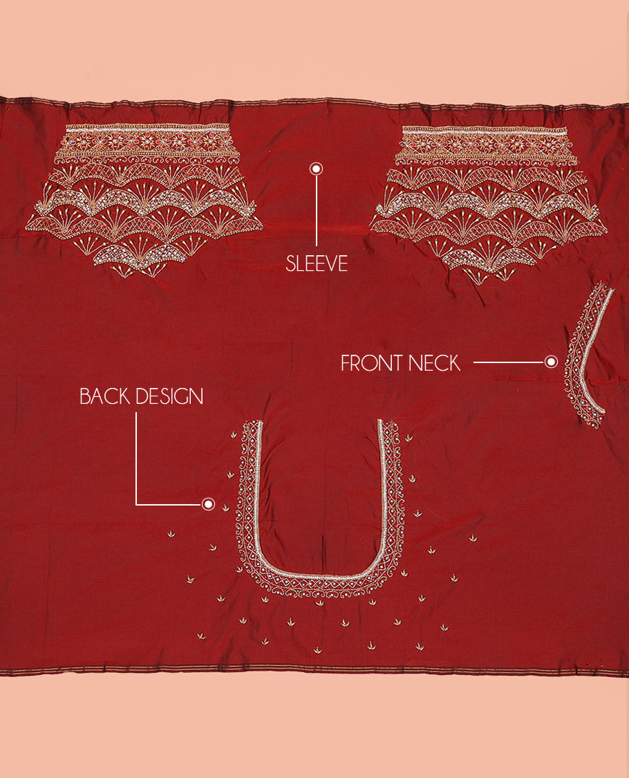 Red Aari Material Blouse Adorned with Scallop Designs in Sugar Bead and Zarkan Stone Mixed Embroidery