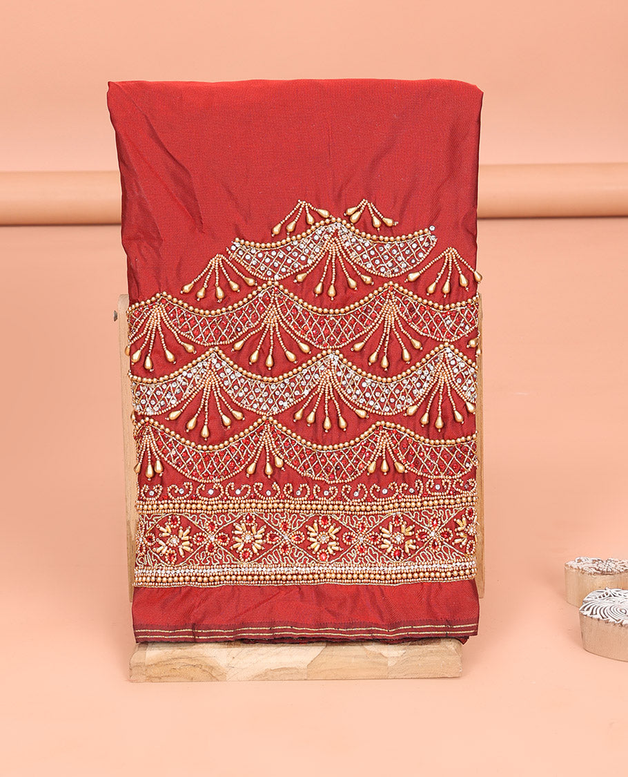 Red Aari Material Blouse Adorned with Scallop Designs in Sugar Bead and Zarkan Stone Mixed Embroidery