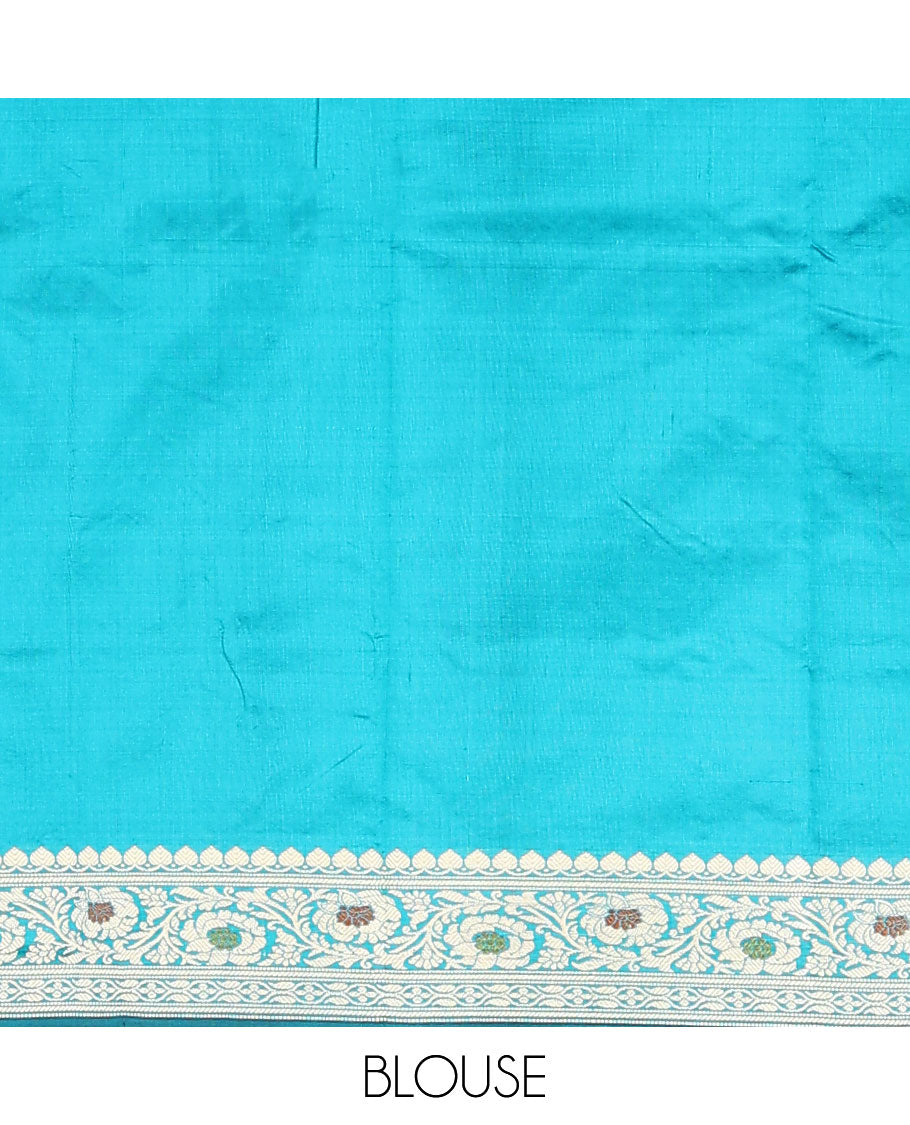 Blue plain kathan silk saree, floral creeper meenakari design border, and Mughal style floral design weave pallu