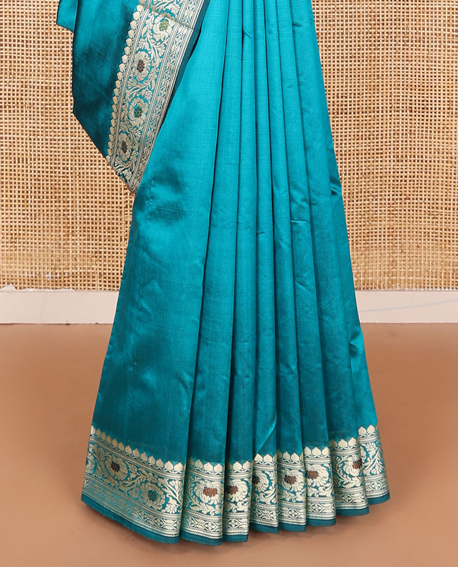 Blue plain kathan silk saree, floral creeper meenakari design border, and Mughal style floral design weave pallu