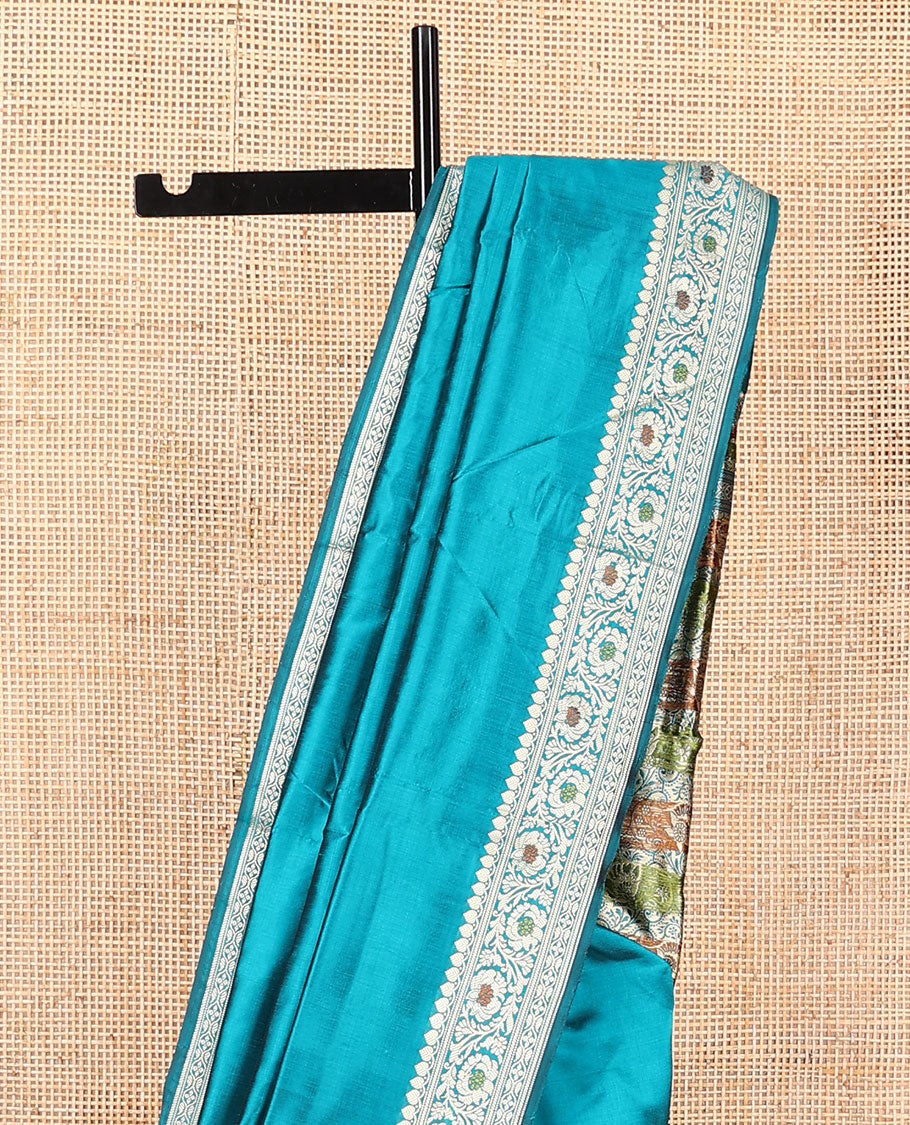 Blue plain kathan silk saree, floral creeper meenakari design border, and Mughal style floral design weave pallu