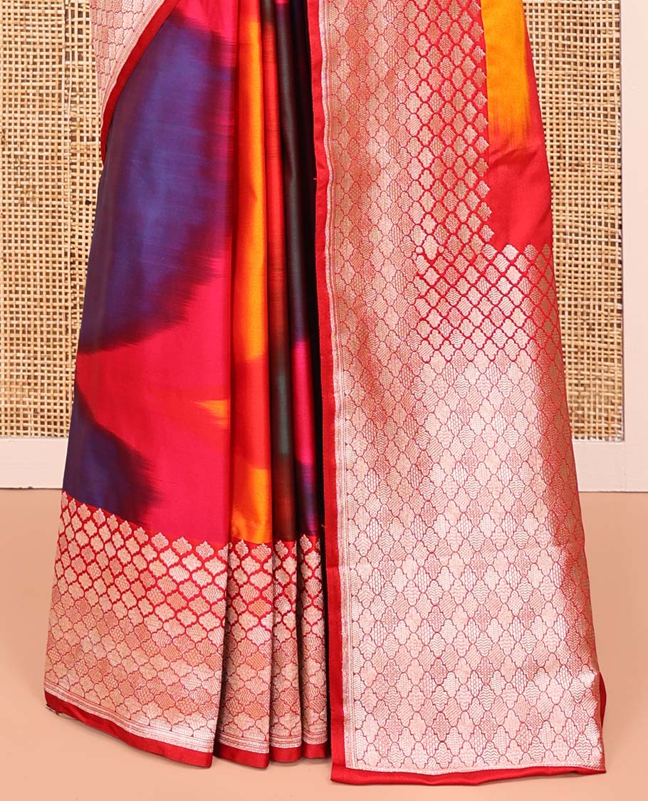Multi-Color Banarasi Silk Saree, Vibrantly Adorned with Colorful Ikkat Weave on Its Body, Highlighted by a Self-Border of Jaal Designs, Pallu of Jaal Designs, and Paired with a Matching Blouse