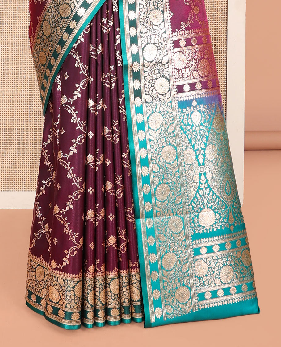 Purple Banarasi Nylon Silk Saree, Adorned with Jacquard, Contrast Floral Creeper Zari Border, Intricate Pallu, and a Contrast Blouse