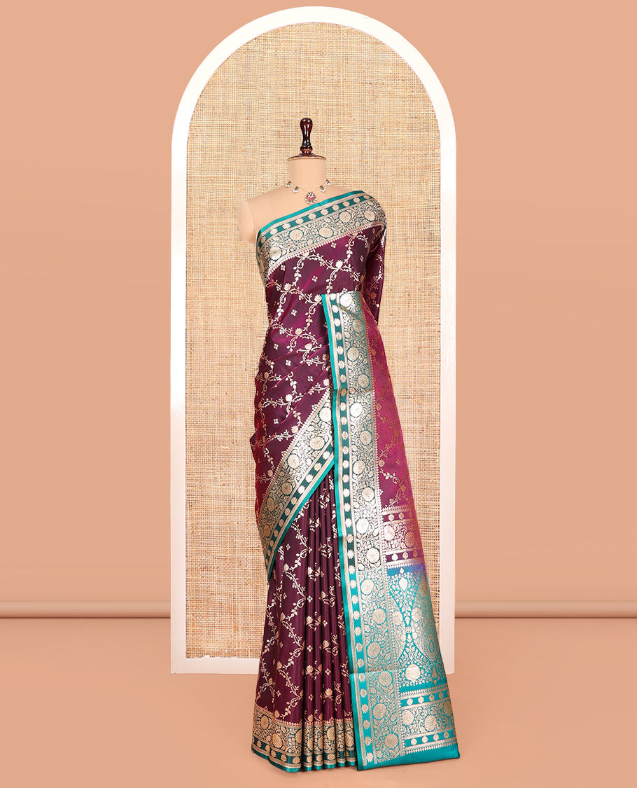 Purple Banarasi Nylon Silk Saree, Adorned with Jacquard, Contrast Floral Creeper Zari Border, Intricate Pallu, and a Contrast Blouse