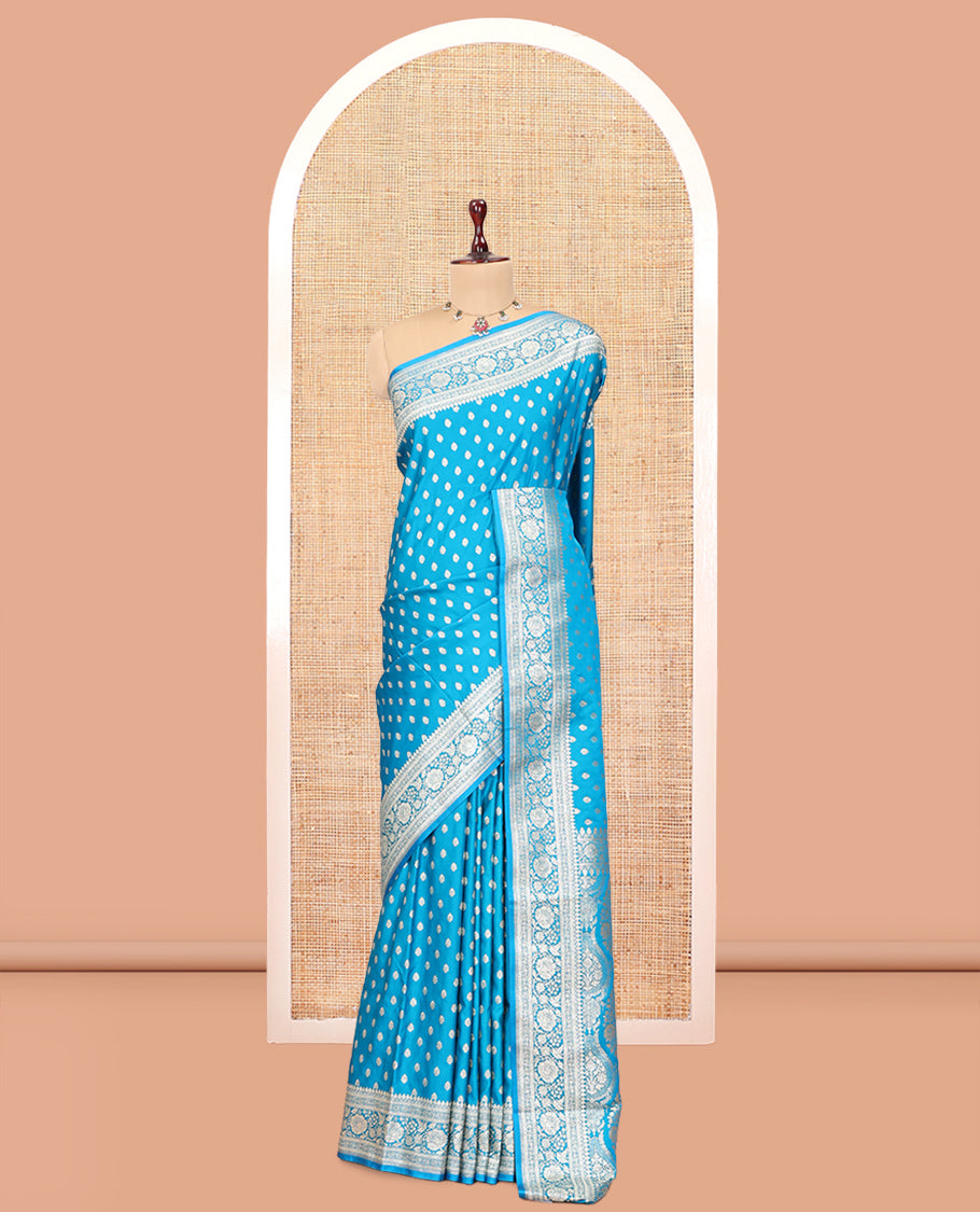 Blue Semi-Banaras Satin Silk Saree