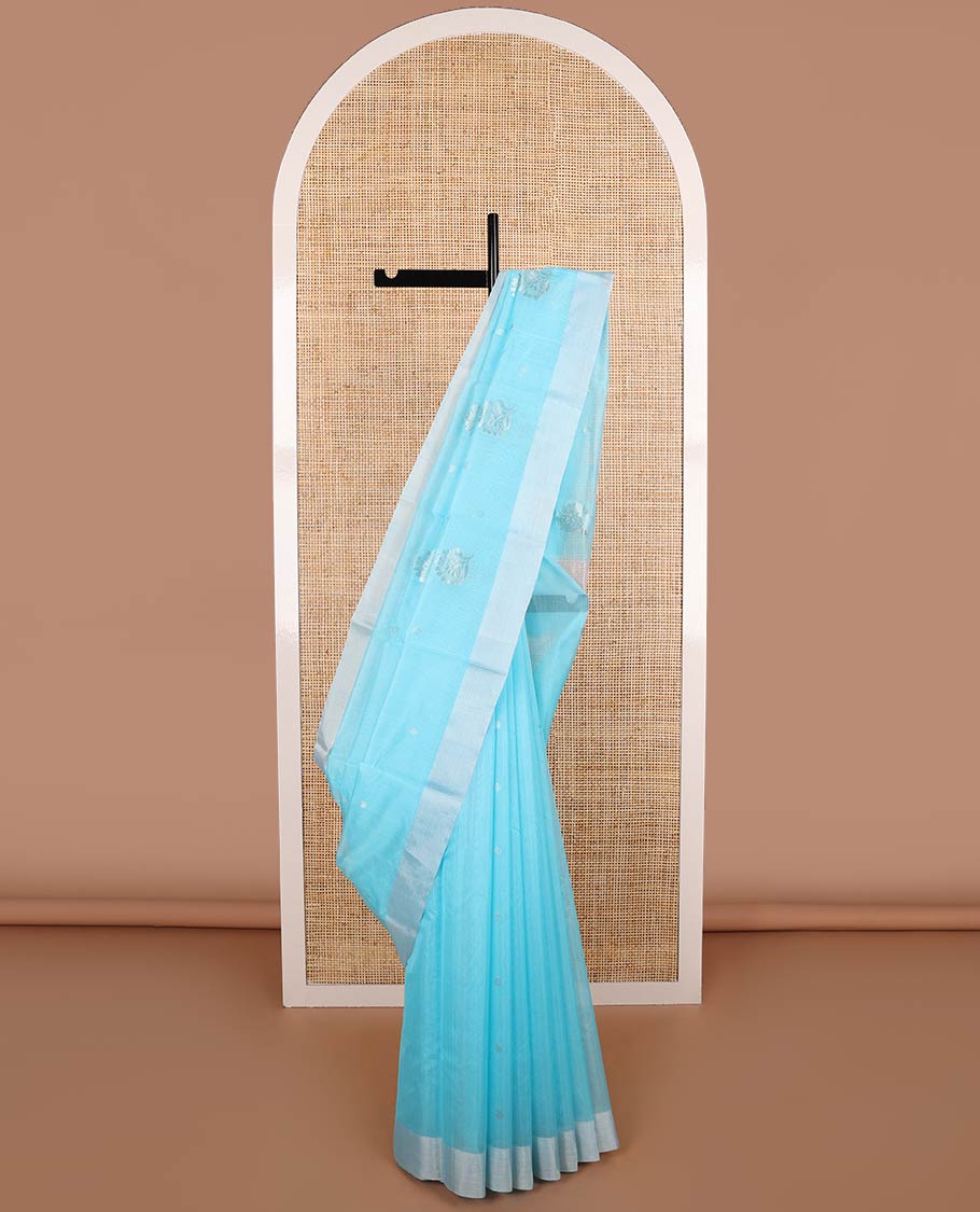 Light blue floral motifs chanderi cotton saree with contrast border & striped pallu