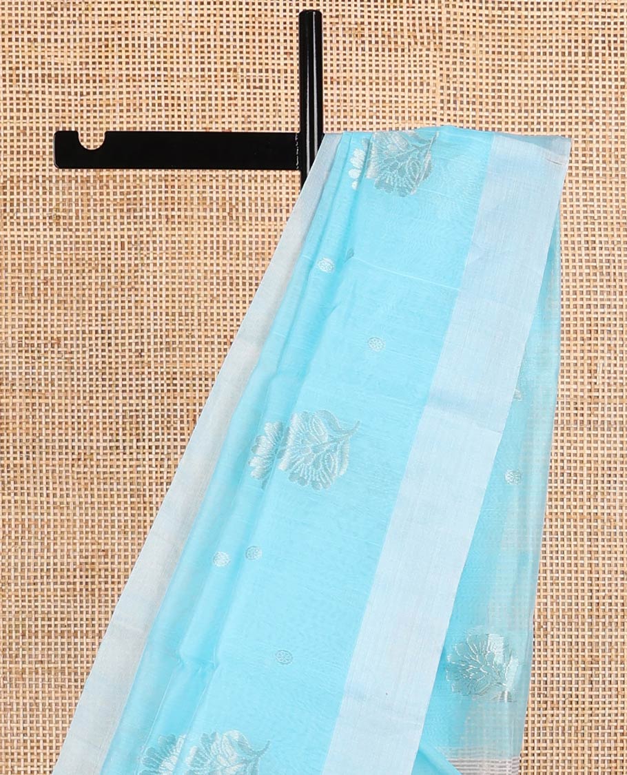 Light blue floral motifs chanderi cotton saree with contrast border & striped pallu