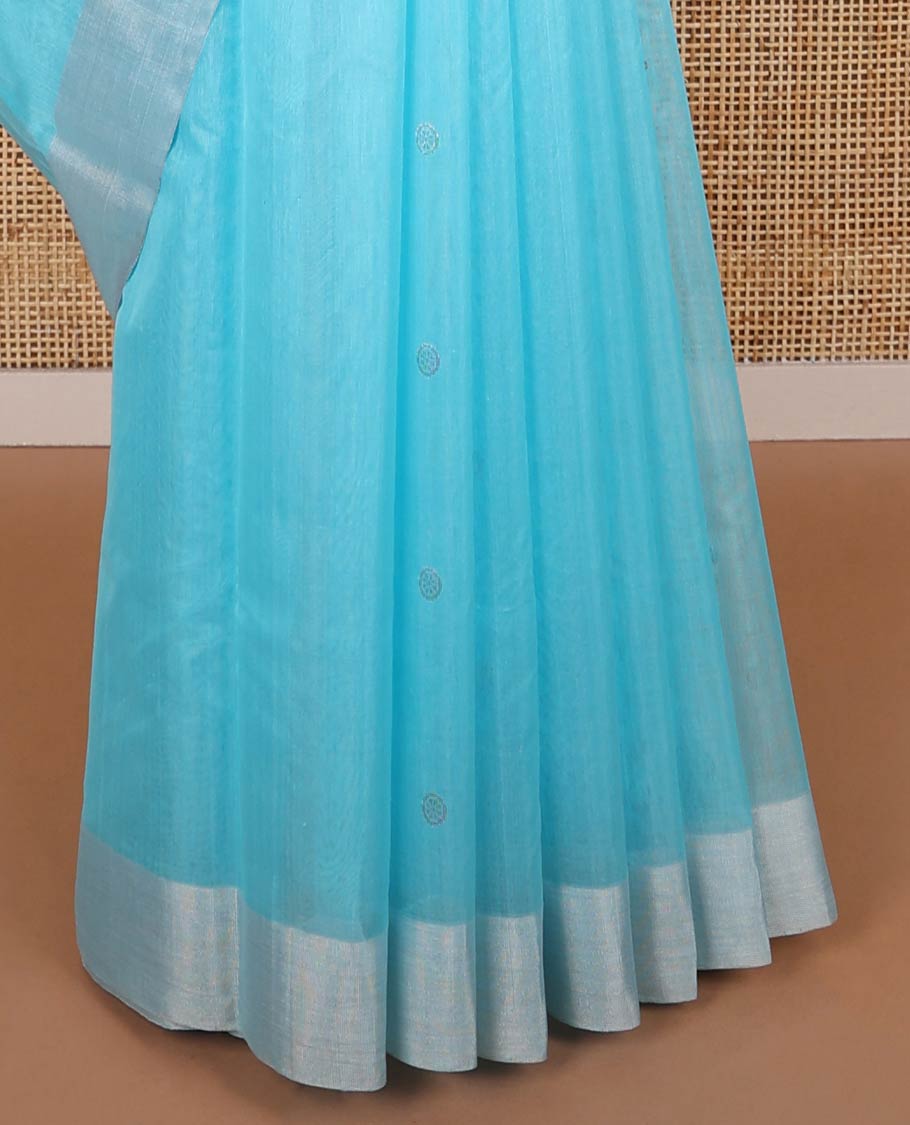 Light blue floral motifs chanderi cotton saree with contrast border & striped pallu