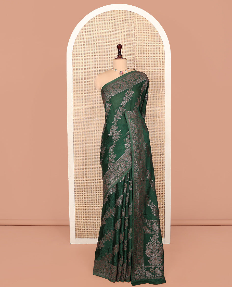 Green Fancy Crepe Saree, Majestically Detailed with Floral Creeper Jacquard, a Floral Border, an Intricately Designed Pallu, and a Matching Blouse