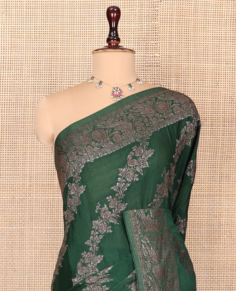 Green Fancy Crepe Saree, Majestically Detailed with Floral Creeper Jacquard, a Floral Border, an Intricately Designed Pallu, and a Matching Blouse