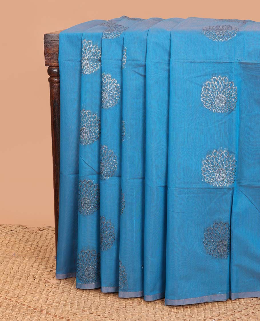 Borderless blue flower zari buttas semi silk cotton saree, intricately designed pallu