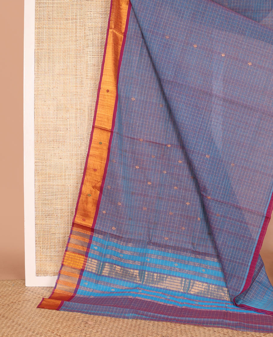 Blue checked and buttas Venkatagiri cotton saree, contrast zari and thread work border, and striped pallu