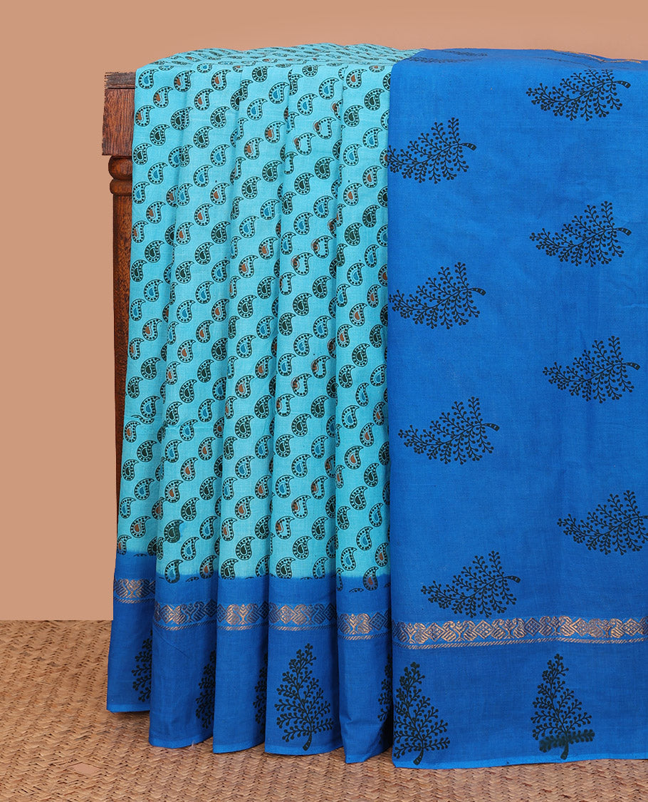 Blue Sungudi Cotton Saree Adorned with Paisley Buttas Printed All Over Its Body, Highlighted by Contrast Zari and Printed Border, and Pallu Printed with Tree Motifs
