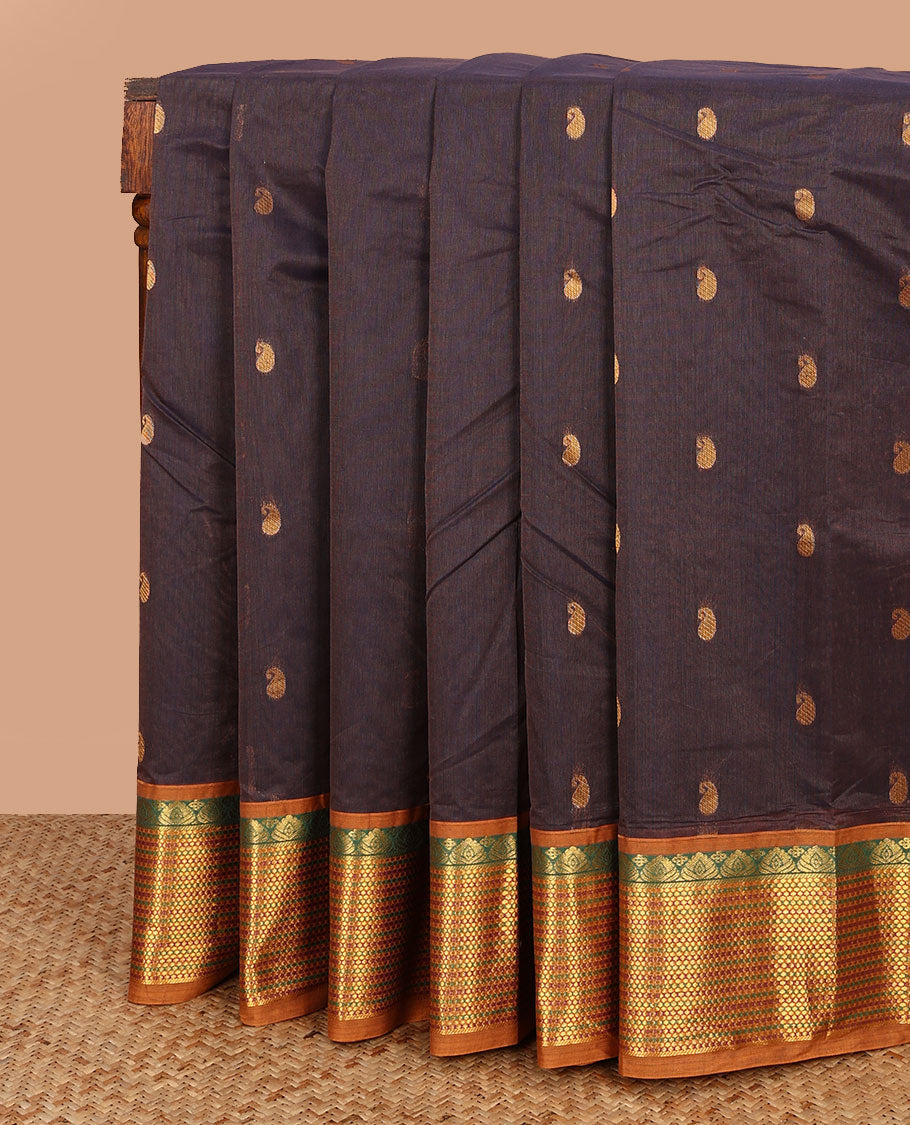 Brown paisley buttas Venkatagiri cotton saree, contrast traditional zari border, and pallu of zari stripes and paisley buttas