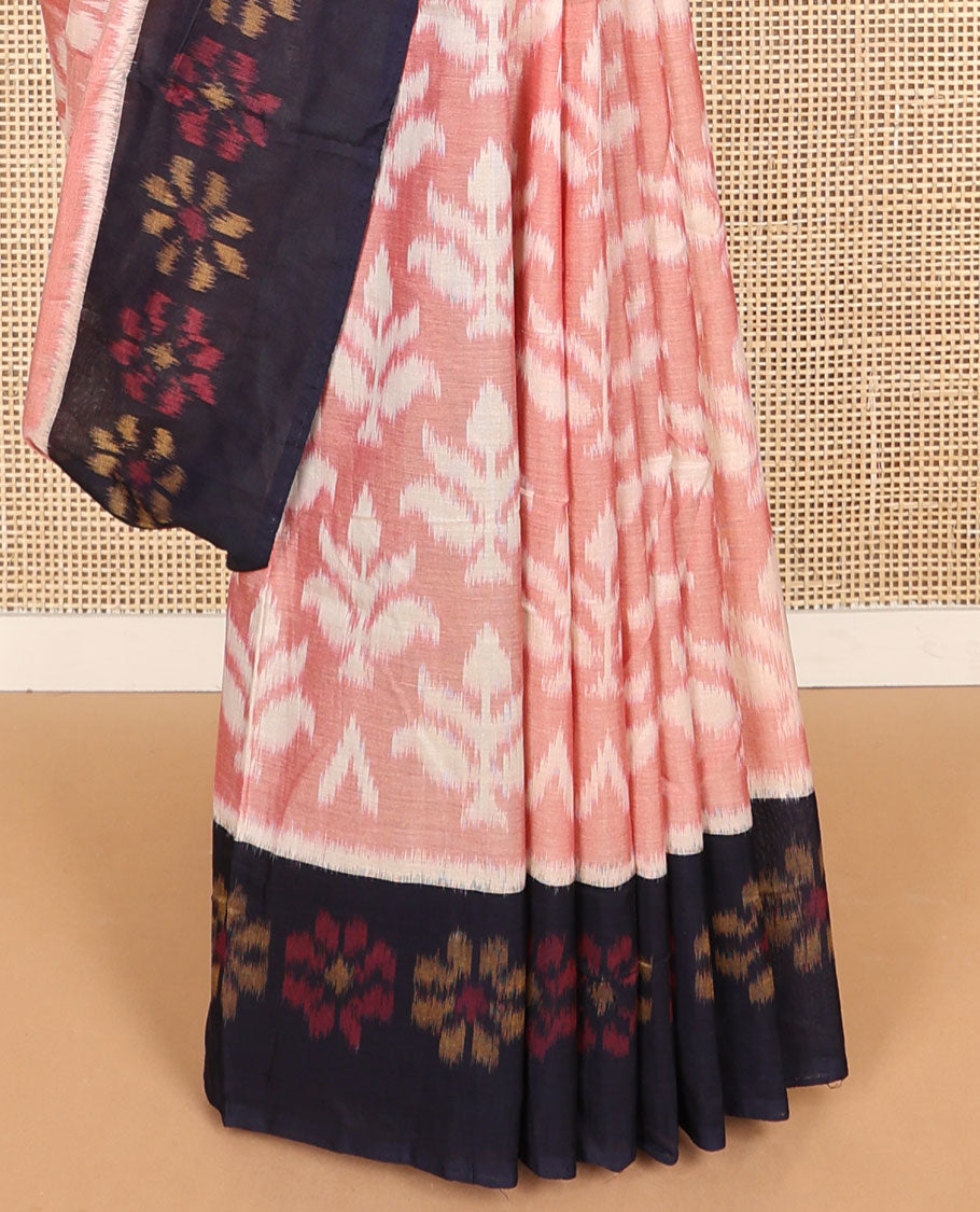 Peach floral ikkat cotton saree with contrast floral design border & floral design pallu