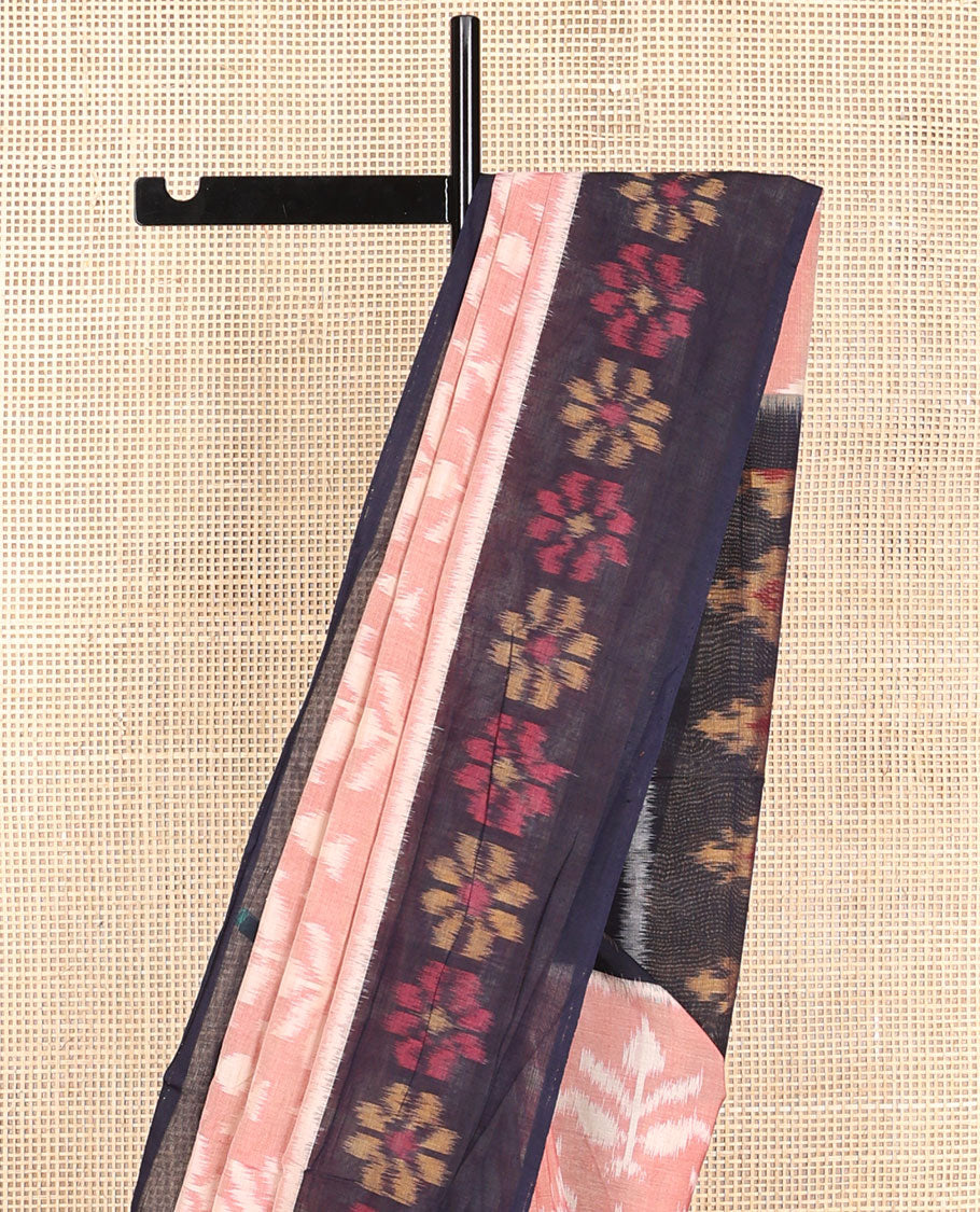 Peach floral ikkat cotton saree with contrast floral design border & floral design pallu