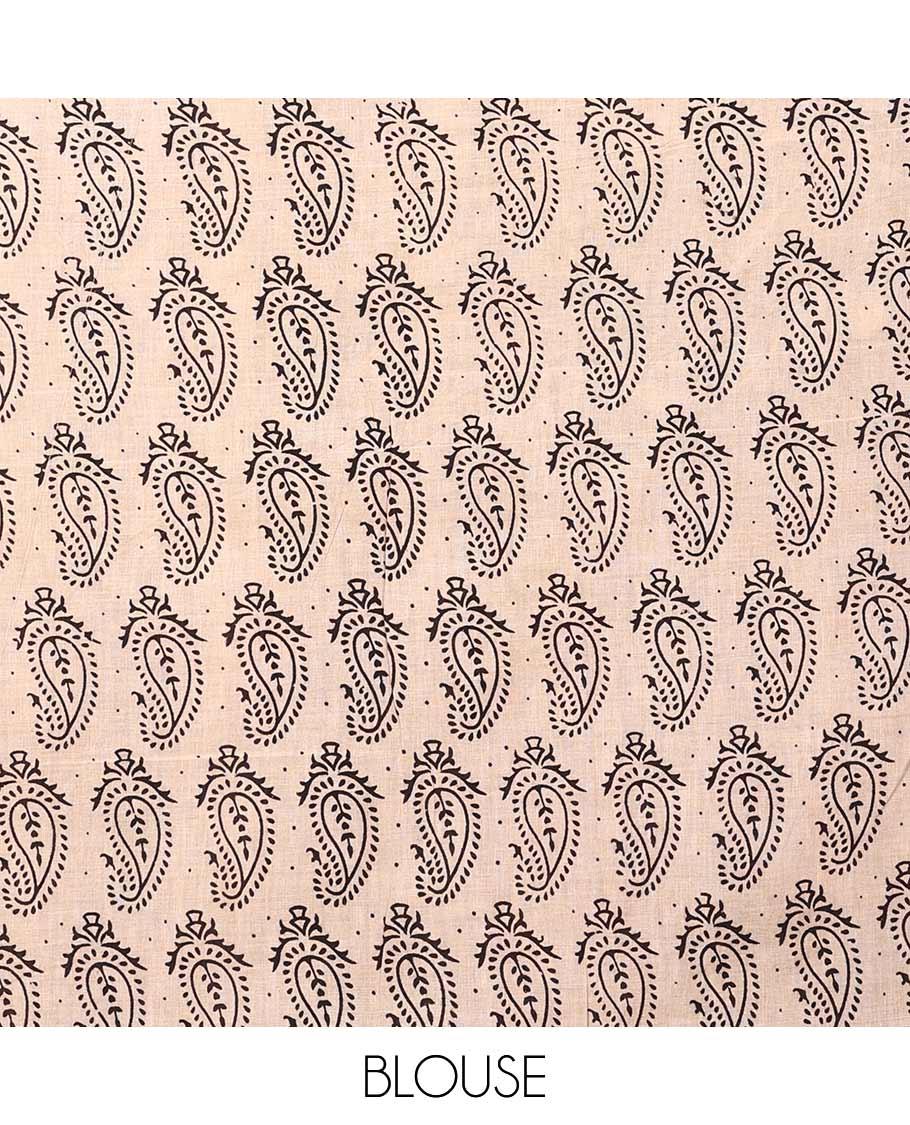 Terracotta red Pichwai and lotus designs machine-printed Kalamkari cotton saree, contrast Pichwai cows printed border, and pallu of temple, peacocks, and diamond designs