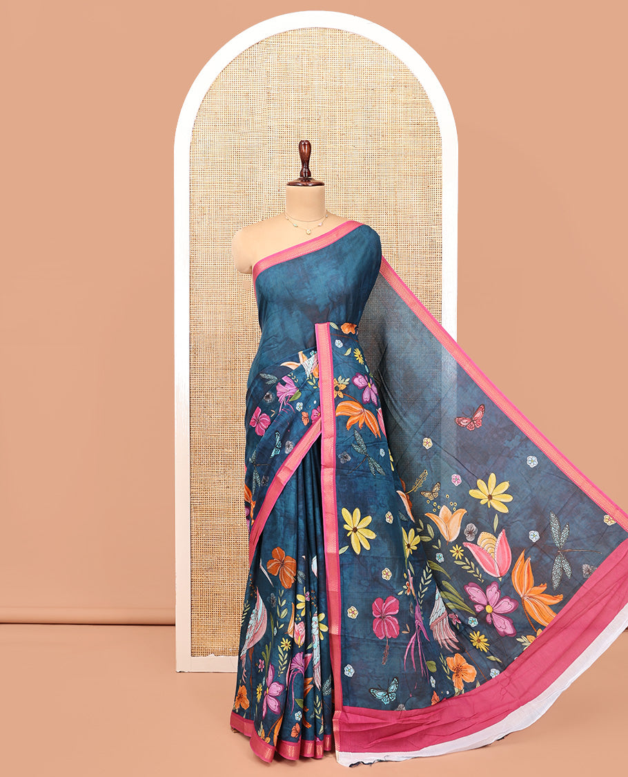 Blue Andhra Cotton Saree, Artfully Detailed with Shibori Print and Tropical Floral Print, Complemented by a Contrast Zari Border and a Contrast Blouse