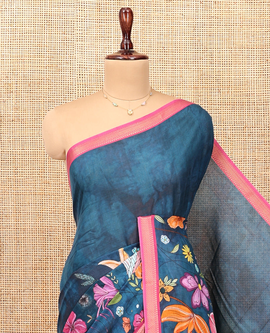 Blue Andhra Cotton Saree, Artfully Detailed with Shibori Print and Tropical Floral Print, Complemented by a Contrast Zari Border and a Contrast Blouse