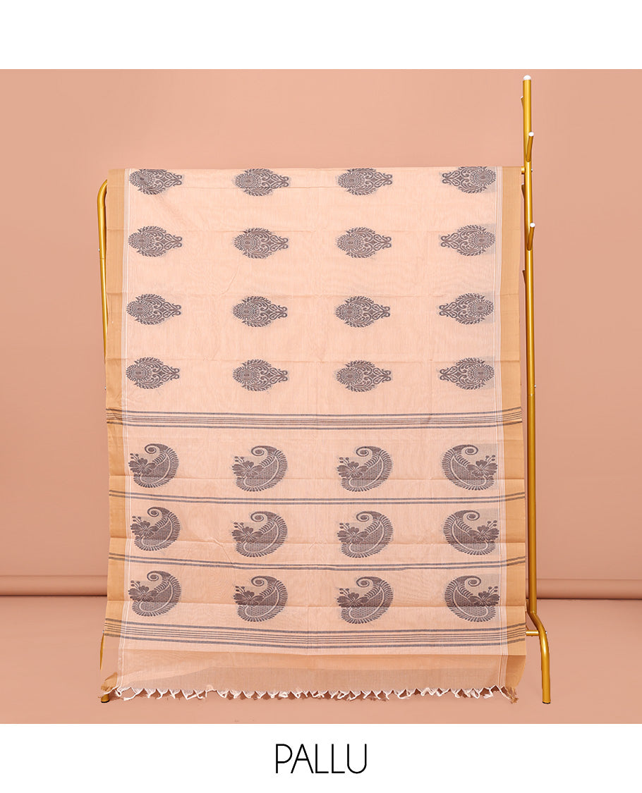Sandal Kanchi Cotton Saree, Beautified with Buttas All Over Its Body, Complemented by Contrast Border, Pallu Steeped with Stripes and Paisleys, and Paired with a Matching Blouse