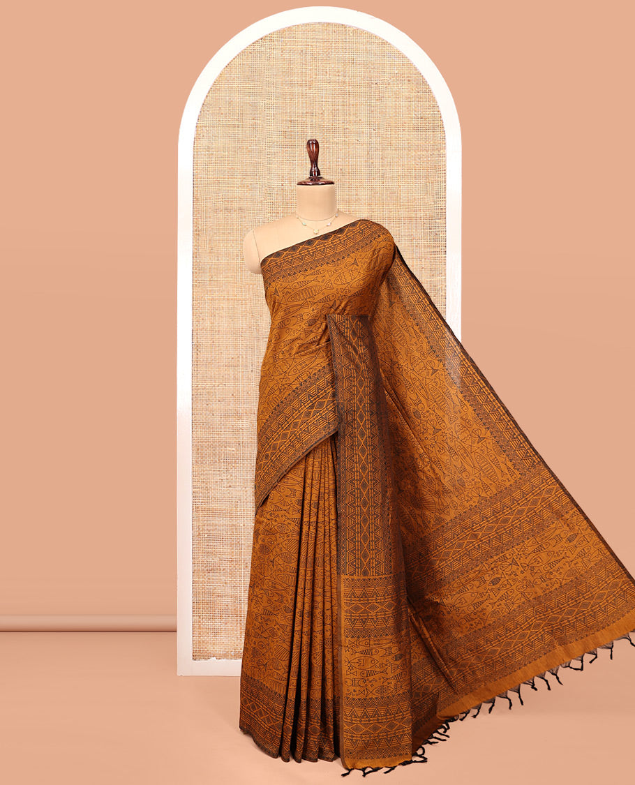 Orange Poly Cotton Saree, Steeped with Fishes, Temple-Printed Border, Printed Pallu, and a Matching Blouse
