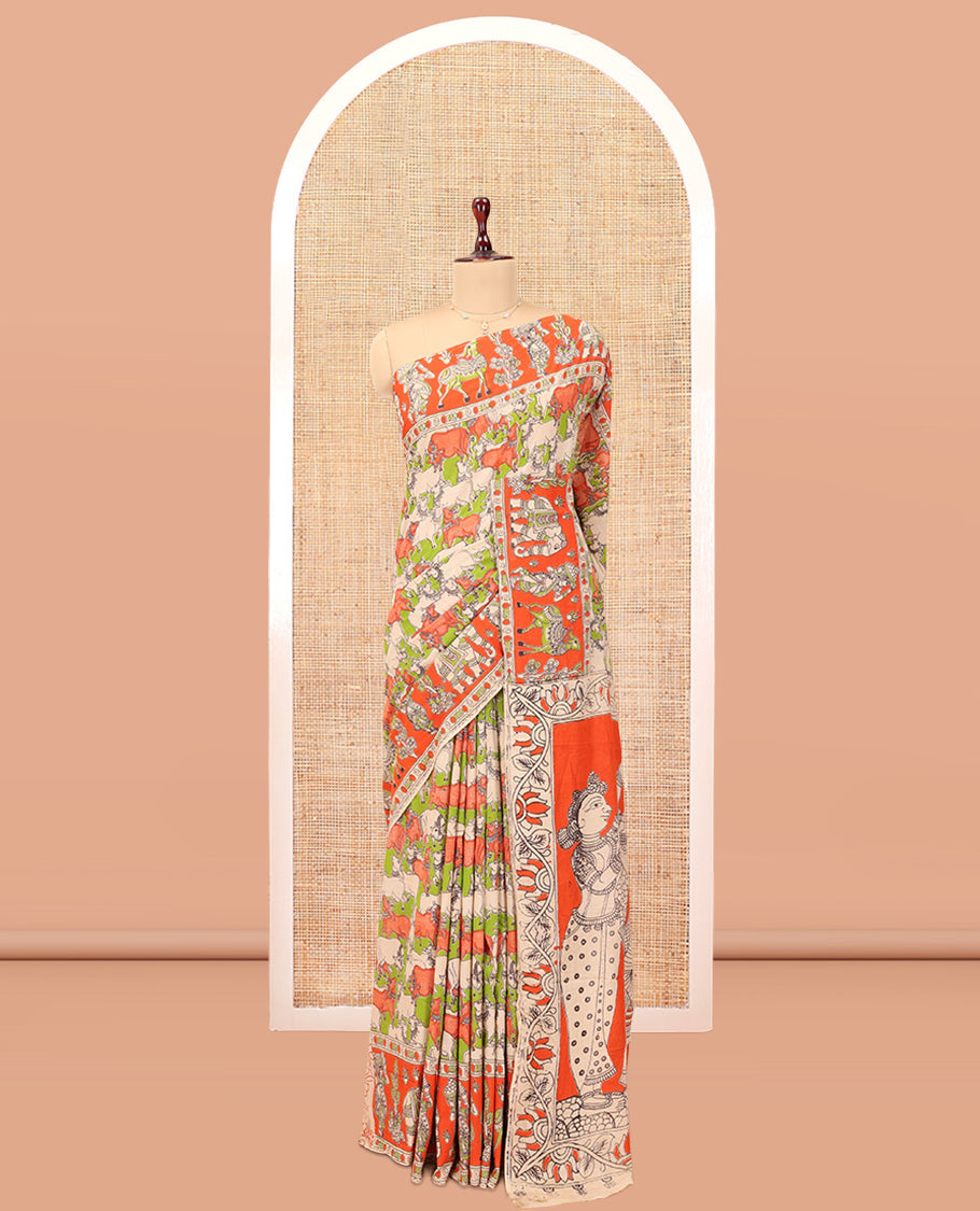Multi-Color Kalamkari Cotton Saree, Elevated with Pichwai Cow Print, Contrast Printed Border, Kalamkari Human Motifs Pallu, and a Matching Blouse