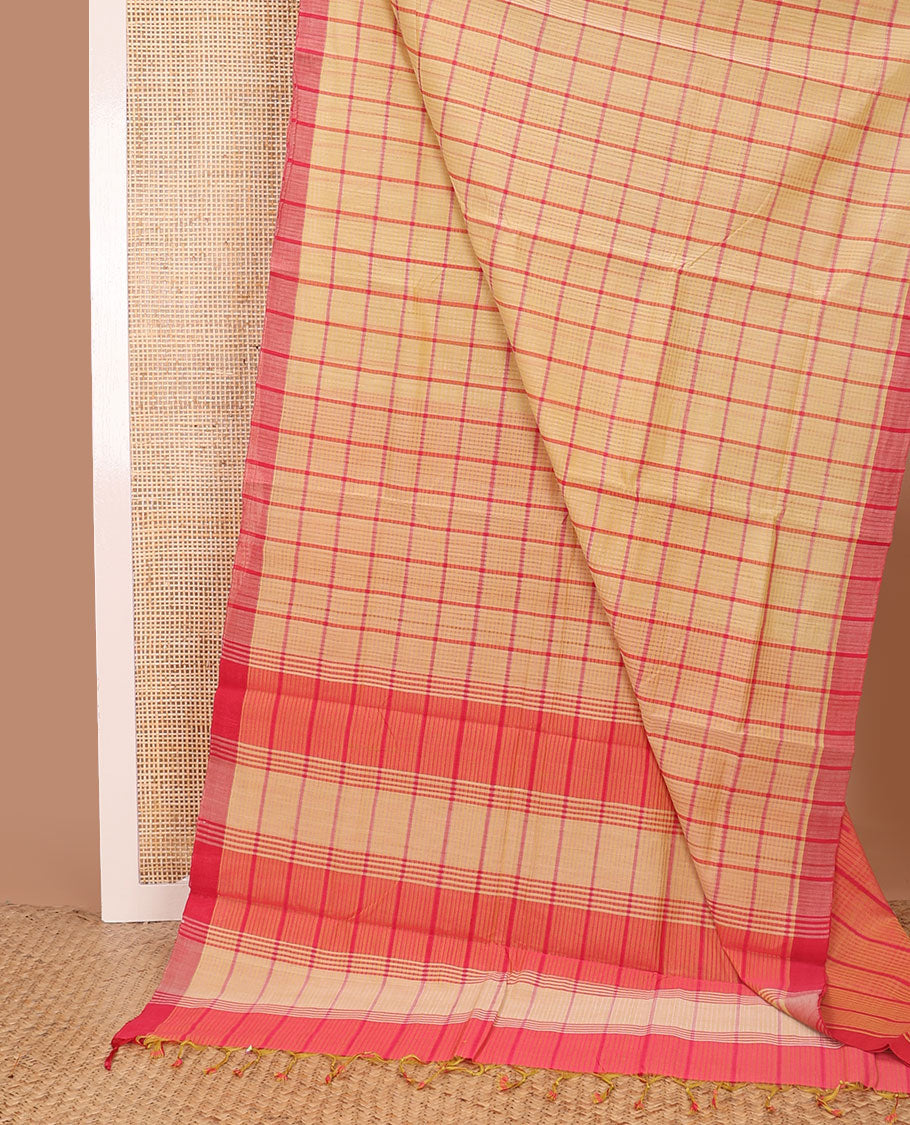 Sandal checked mangalagiri cotton saree with contrast striped border & checked pallu